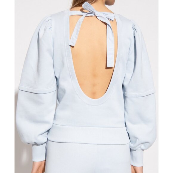 Ganni Isoli Bow Open Back Puff Sleeve Organic Cotton Sweatshirt XS Blue $215 - Picture 5 of 16